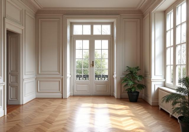 Intérieur rénové d'un appartement Haussmannien avec moulures et parquet chevrons