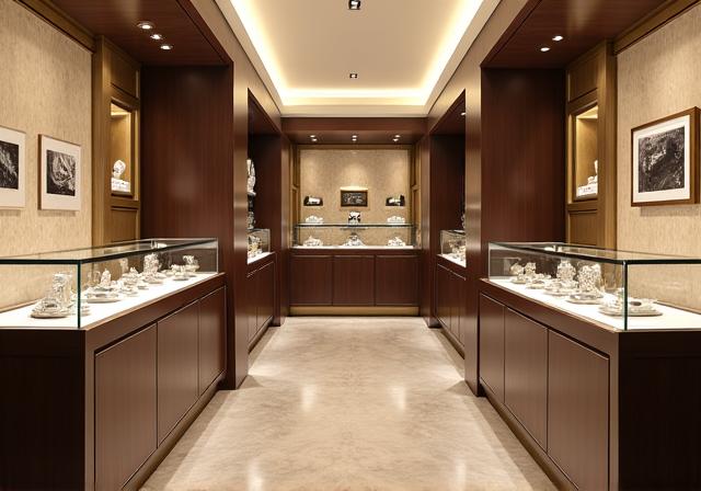 Intérieur d'une boutique de luxe avec vitrines épurées et éclairage soigné