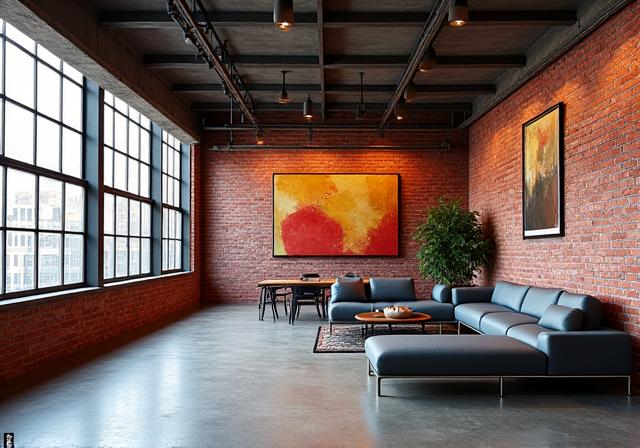 Vaste loft industriel avec murs de briques et mobilier contemporain
