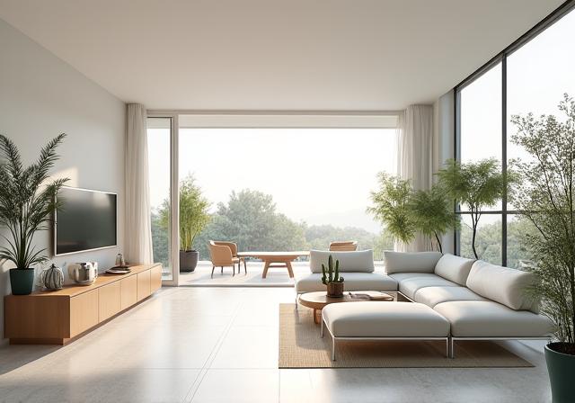Intérieur lumineux d'une villa contemporaine avec grandes baies vitrées et mobilier design