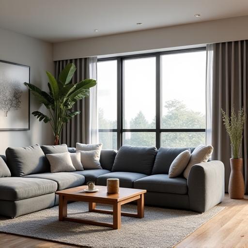 Design d'intérieur d'un salon moderne avec canapé gris et table basse en bois