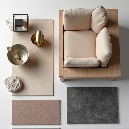 Sélection de mobilier, luminaires design et échantillons de matériaux nobles